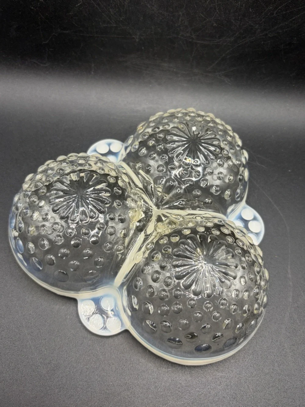 Vintage Opalescent Moonstone Hobnail Clear White Glass Divided Serving Dish